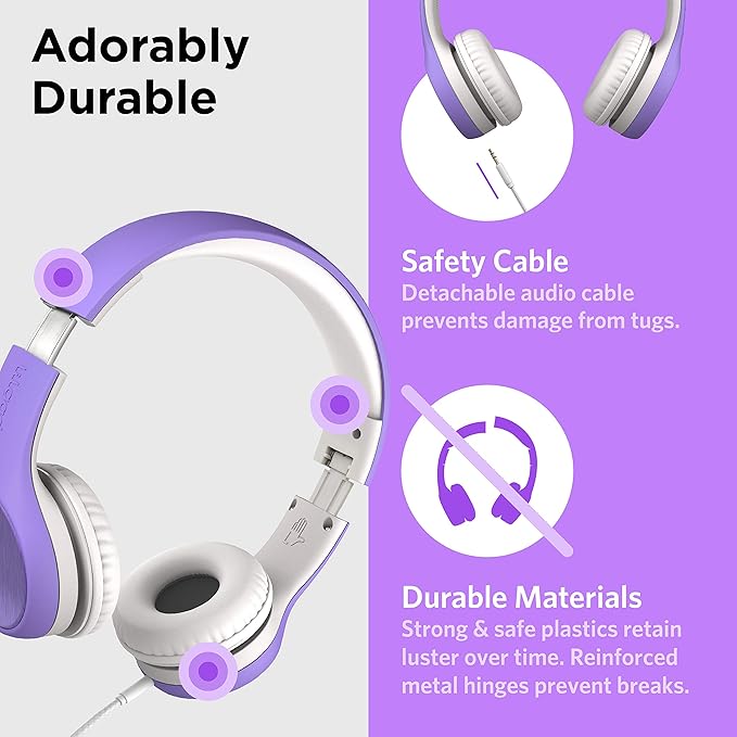 LilGadgets Connect+ Style On-Ear Kids Headphones with Microphone - SharePort Technology, SoftTouch Padding, Detachable Cable, Noise Reduction, Durable & Adjustable - Purple Wired Headphones for Kids