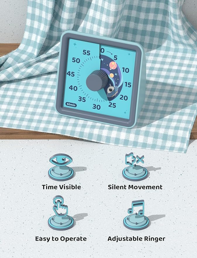 LIORQUE 60 Minute Visual Timer for Kids, Visual Countdown Timer for Classroom Office Kitchen with 'Space Ship' Pattern Design, Pomodoro Timer with Silent Operation (Batteries Included)
