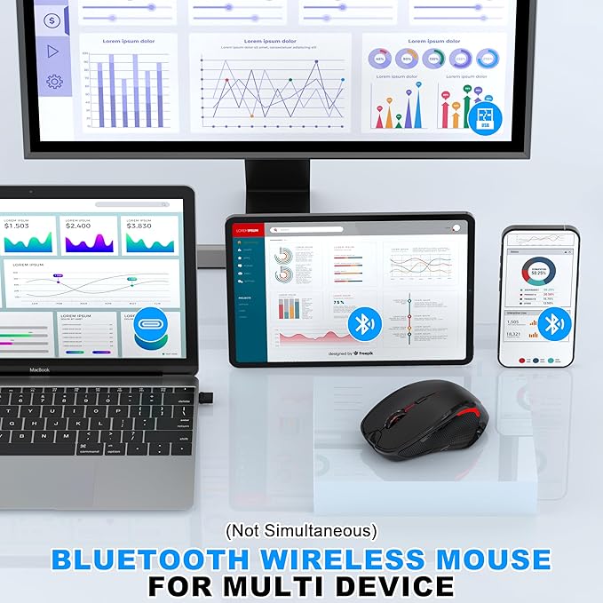 Bluetooth Wireless Computer Mouse, 2.4G Rechargeable Small Ergonomic Optical Mouse Jiggler for Office/Home with Forward/Back Buttons & USB-C/USB-A for Laptop, Desktop, PC, Mac, MacBook - Black