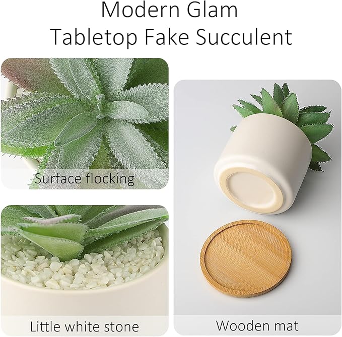 Hopewood Artificial Succulents Plant, Faux Agave Succulent Plant in Ceramic Pots with Bamboo Tray, Fake Potted Plants for Office Desk Living Room Decor(Set of 2)