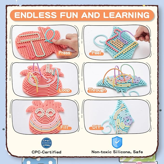 2 Pack Sensory Activity Board with 20 Random-Color Strings, Double-Sided Silicone Sensory Fidget Toy for Kids and Adults with Autism, ADHD, Silent, Stress Relief, Calming, Focus, Gift for Girls Boys