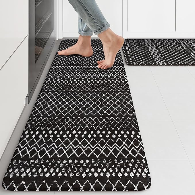 KIMODE Anti Fatigue Mats for Kitchen Floor 17"x47"+17"x29", Black Boho Kitchen Rugs Sets of 2, Cushioned Kitchen Floor Mats, Non Slip Standing Mats for Sink Laundry Office Desk
