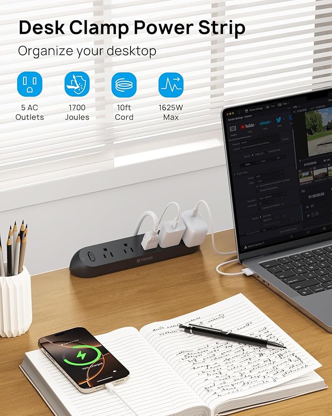 TROND Desk Clamp Power Strip - Flat Plug 10ft Extension Cord, Surge Protector with 5 AC Outlets, 1700J Surge Protection, ETL Listed, Fits 1.97 inch Tabletop Edge, for Home Office, Black