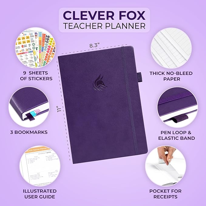 Clever Fox Teacher Planner – School Year Planner with Calendars & Lesson Plans – Book for Classroom & Homeschool Organization, A4 (Purple)