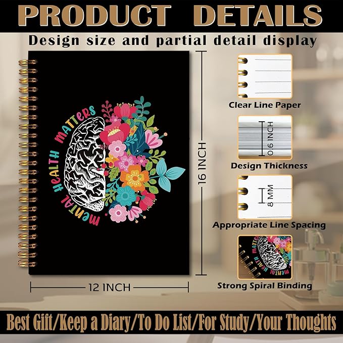 Mental Health Floral Spiral Notebook 5.5x8.3, Mental Health Matters Floral Brain Therapy Journal for Women, Therapy Notebook for Note Taking