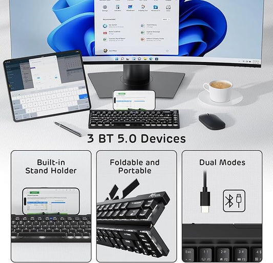 RK ROYAL KLUDGE F68 60% Foldable Low Profile Mechanical Keyboard, Wireless Mechanical Keyboard with Aluminum Body, Built-in Stand Holder, White Backlit, 68 Keys, Tactile Brown Switch