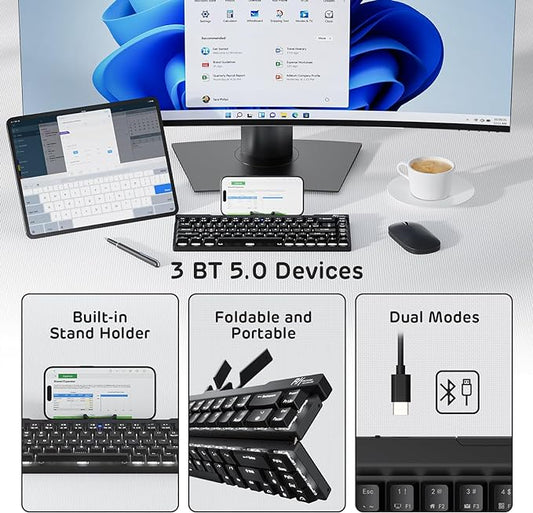 RK ROYAL KLUDGE F68 60% Foldable Low Profile Mechanical Keyboard, Wireless Mechanical Keyboard with Aluminum Body, Built-in Stand Holder, White Backlit, 68 Keys