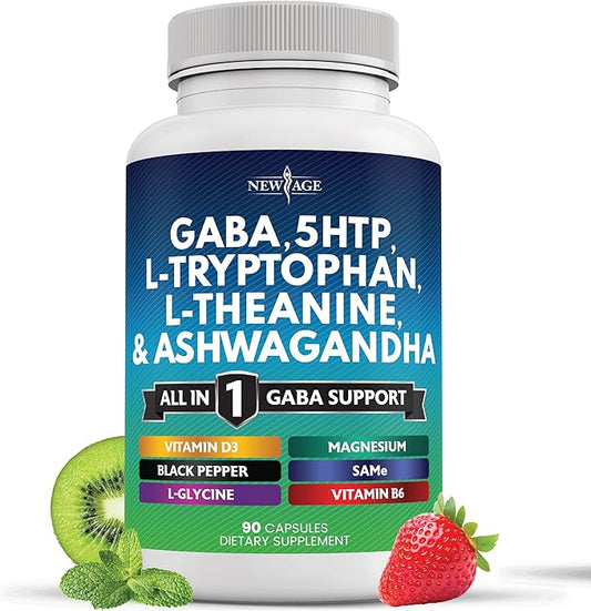 NEW AGE GABA 750mg 5 HTP 200mg L Tryptophan 500mg L Theanine 200mg Ashwagandha SAM-e L-Glycine - Vitamins for Women and Men with L-Tyrosine 5-HTP (5-Hydroxytryptophan) - 90 Count