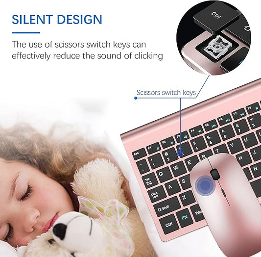 Wireless Keyboard and Mouse Ultra Slim Combo, TopMate 2.4G Silent Compact USB 2400DPI Mouse and Scissor Switch Keyboard Set with Cover, 2 AA & 2 AAA Batteries,for PC/Laptop/Windows/Mac-Rose Gold Black