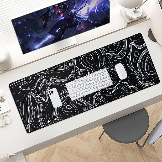 ALOANES Waterproof Mouse Pad with Durable Stitched Edge, XL Gaming Keyboard Pad, Non-Slip Rubber Base, Extended Desk pad for Gamer, Office & Home, Black Topographic Map Mousepad 31.5''x 11.8''x 0.12''