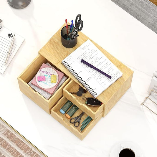 Bamboo Desk Organizer with Drawers - Small Desktop Countertop Mini Tabletop Storage Container - No Assembly Required