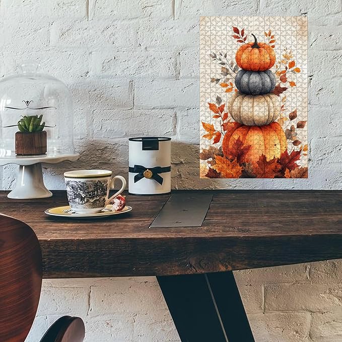 500 Piece Wooden Fall Pumpkin Jigsaw Puzzle Adults & Kids Educational Family Game Stress Relief Brain Teaser to Improve Memory & Cognitive Skills 20.4x15 Inch