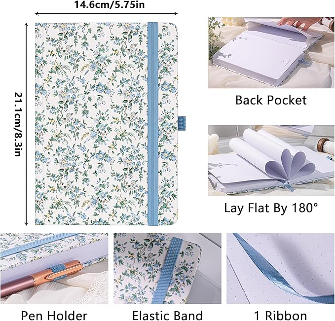 TIEFOSSI Dotted Journal Notebook for Women, A5 Dotted Grid Notebook for Writing, 190 Pages Thick Paper, Travel Daily Journal, for Work Home School, Note Taking, Business, 8.4 X 5.8 In