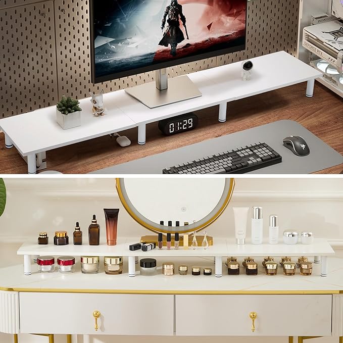 47 Inch Extra-Long Dual Monitor Stand Riser for 2 Monitors, Desk Shelf TV Riser Blocks, Wood and Steel Desktop Riser for Computer, Laptop, Printer, Home Office Organization, White