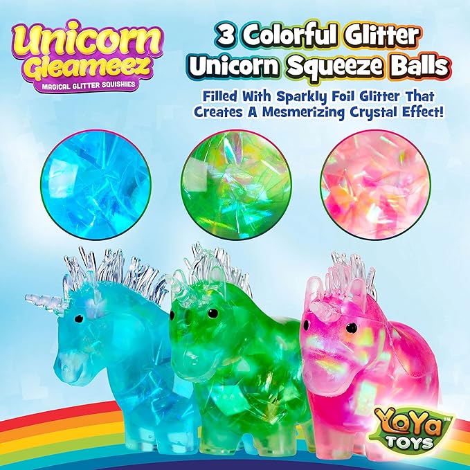 YoYa Toys Glitter Unicorn DNA Balls - Fidget Toy Stress Ball - Colorful Soft Squishy - Mental Stimulation, Clarity & Focus Tool - Fun for Any Age - 3 Pack