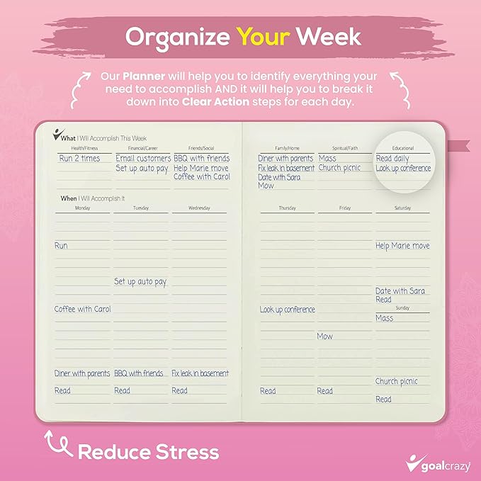 Undated Planner - 90 Day Guided Journal, 2025 2026 Weekly Organization, Productivity Habit Tracker, Inspirational, Life Setting, Rose Gold, Pink Leather, Almond Pages