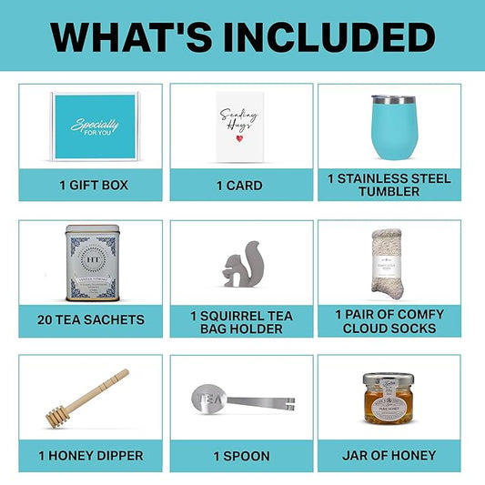 Tea Gift Set for Women – Thoughtful Get Well Gift Box with Cozy Socks, Stainless Tumbler, 20 Tea Sachets, Honey Jar & Sending Hugs Card (Vanilla Decaf - Cloud Socks)