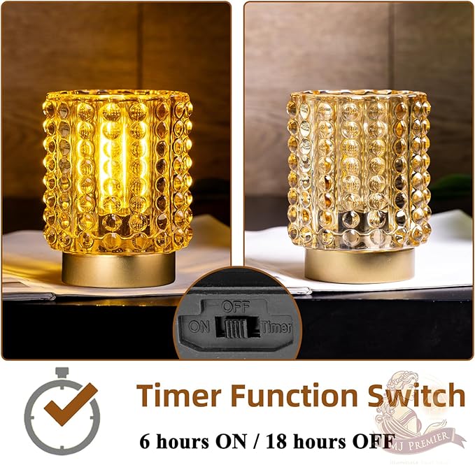 Battery Operated Lamp with Timer, Mini Crystal Table Lamps for Home Decor, Small Cordless Lamp for Areas No Outlets, Glass Battery Powered Lamps for Entryway, Bedroom, Bathroom, Shelf, Corner(Yellow)