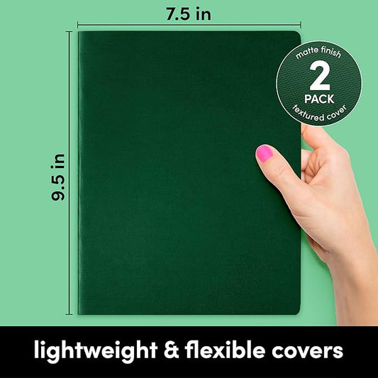 PAPERAGE Soft Cover Lined Journal Notebook, 2 Pack, (Dark Green), 100 Pages, Large 7.5 inches x 9.5 inches, College Ruled, Ideal for Note Taking & Travel Journal