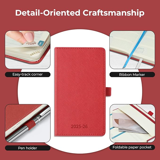 Weekly Monthly 2025-2026 Planner (July 25-Dec 26),6.5"x3.75",18 Months Agenda Plan with Month Tabs & Pocket,Expenses/Note Pages, Academic Calendar with Vegan Leather Cover,Red