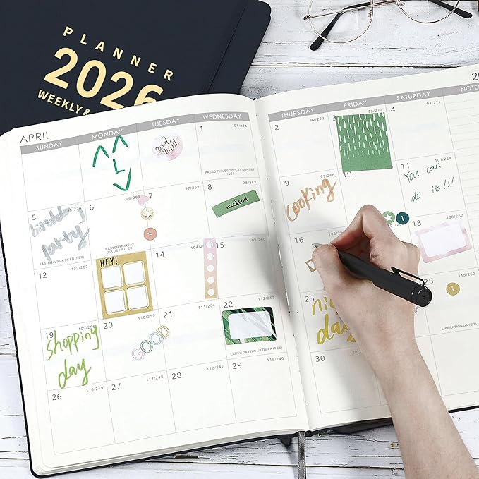 2026 Planner - Jan 2026 - Dec 2026, 2026 Planner Weekly and Monthly, 8.5" x 11", Pen Holder, Calendar Stickers, Pocket, 25 Notes Pages, Faux Leather Cover, A4 Premium Paper - Blue