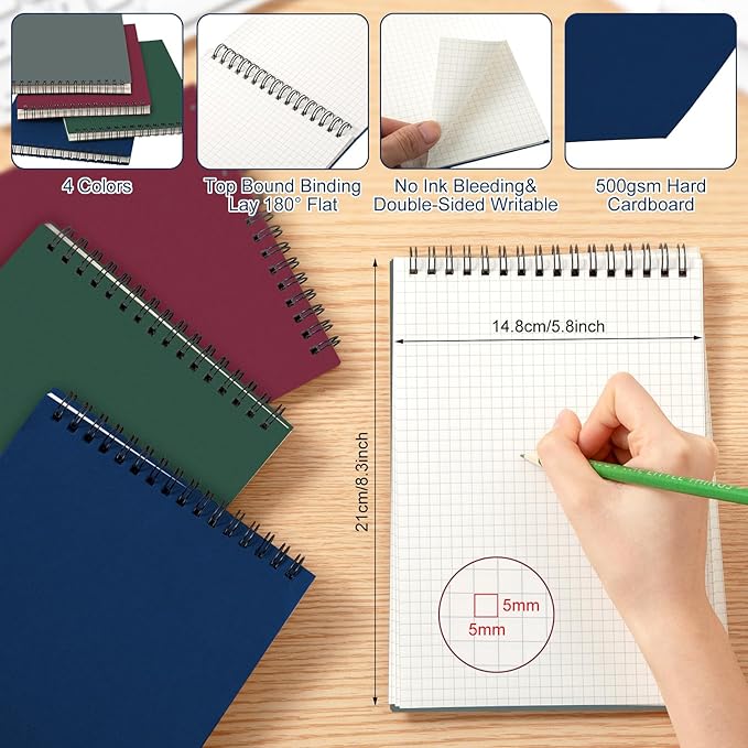 8 Pack Graph Paper Spiral Notepad A5 Top Wirebound Notepad Grid Notebook Steno Pads Memo Notebook Grid Paper 140 Pages for Writing Sketching Drawing Office Supplies (Multicolor)