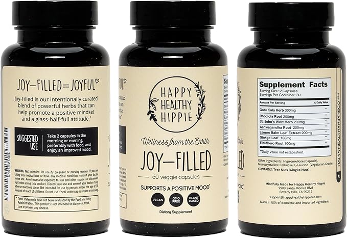 Joy-Filled Mood Support Supplement - 7 Herb Complex w/St. Johns Wort | Stress Relief – Helps Calm The Mind & Body | 100% Plant-Based Happy Pills, Ashwagandha, Rhodiola Rosea | Adaptogens, 60 Ct