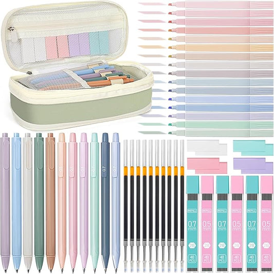 52 PCS Aesthetic School Supplies with Cute Pencil Case, Stationery Essentials with Pens Pencils and Pastel Highlighters Set, College Back to School Supplies for Teen Girls, Office Supplies - Green