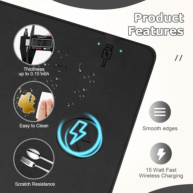 Wireless Charging Mouse Pad Firelison 2 in 1 Leather Multifunctional Office Desk Pad with Non-Slip Rubber Base, Waterproof Desk pad for Computers/Office/Work/Home/Decor( 12" x 10"Black - R)