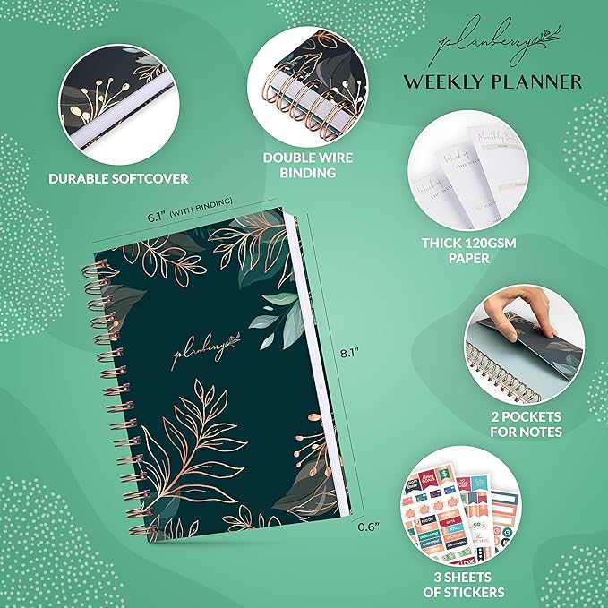 PLANBERRY Weekly Planner – Undated Life Organizer & Budget Planner – Time Management, Goal Setting, To-Do List, Work-Life Balance & Habit Tracker – 6.1″ x 8.1″ (Green Pastures)