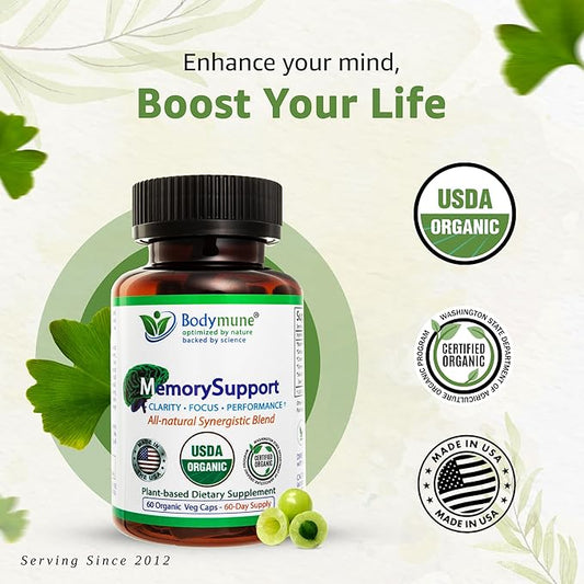 MemorySupport Brain Health Formula | Supports Mental Clarity, Recall & Concentration* | USDA Organic Nootropic Blend with Ginkgo Biloba & Ashwagandha | 60 Vegan Caps | Made in USA
