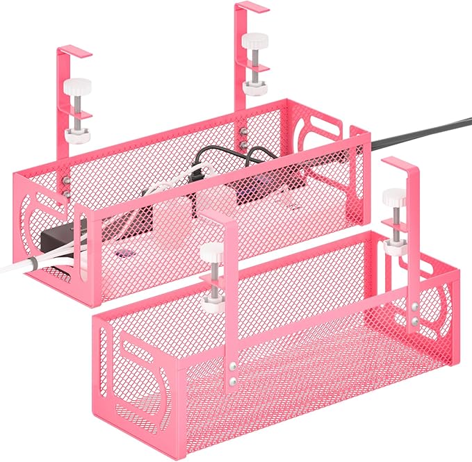 Under Desk Cable Management Tray, 15.7'' No Drill Steel Desk Cable Organizers, Wire Management Tray Cable Management Rack (2 Packs-Pink)