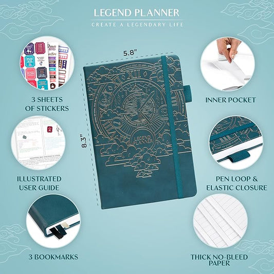 Legend Planner Hourly Schedule Edition – Deluxe Weekly & Daily Organizer with Time Slots. Time Management Appointment Book Journal for Work & Personal Life, Undated, A5 Hardcover – Dark Teal Gold
