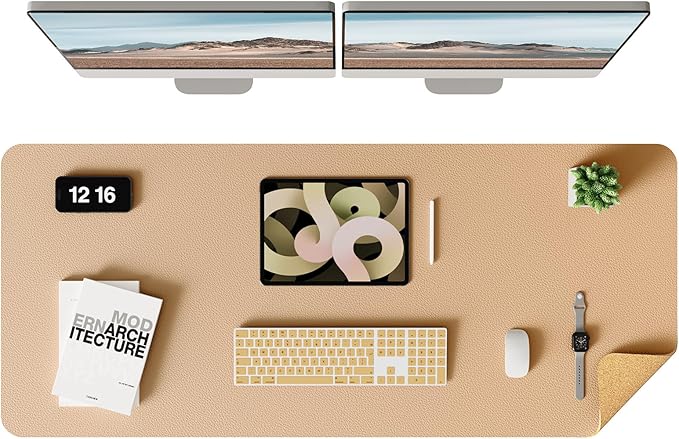 YSAGi Double-Sided Desk Mat, Eco Cork & Leather Desk Protector, Large Mouse Pad & Writing Pad for Office/Home (Apricot+Cork, 47.2" x 17")