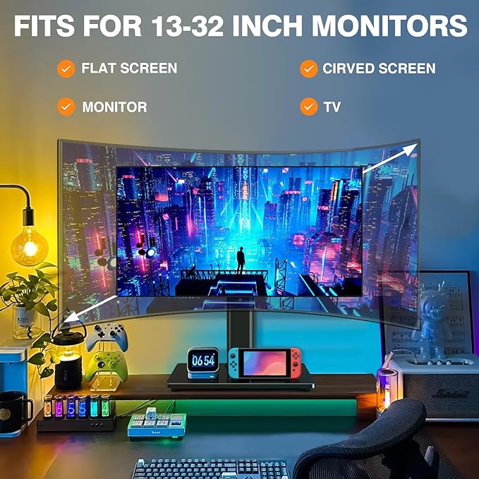 Single Monitor Stand VESA Mount for 13-32 Inch Screens, Free-Standing Monitor Riser with Swivel Tilt Rotation Height Adjustable, Universal Desk Stand up to 44lbs, VESA 75x75, 100x100mm