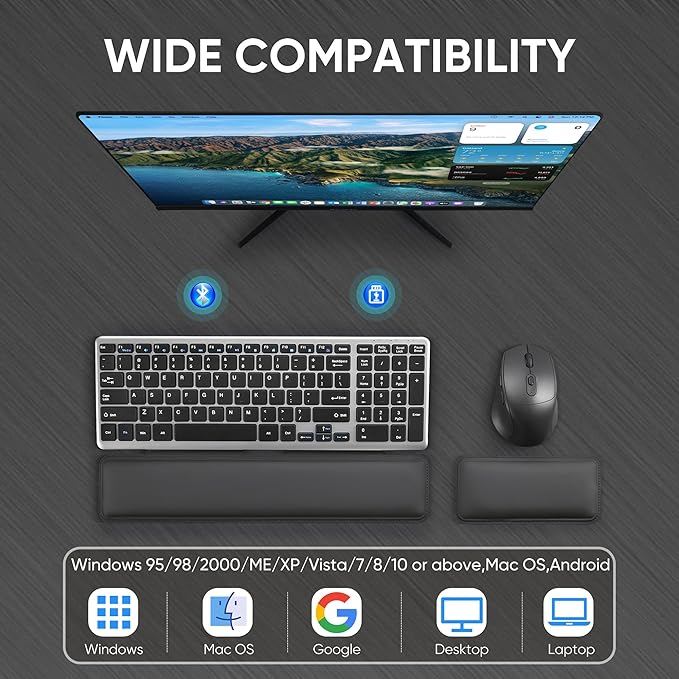 Wireless Keyboard & Mouse Combo with Keyboard Magnetic Wrist Rest and Mouse Wrist Rest - Ergonomic Design for Typing Pain Relief, Desk Pads Support Hand and Arm, 2.4G Stable Connection,Adjustable DPI
