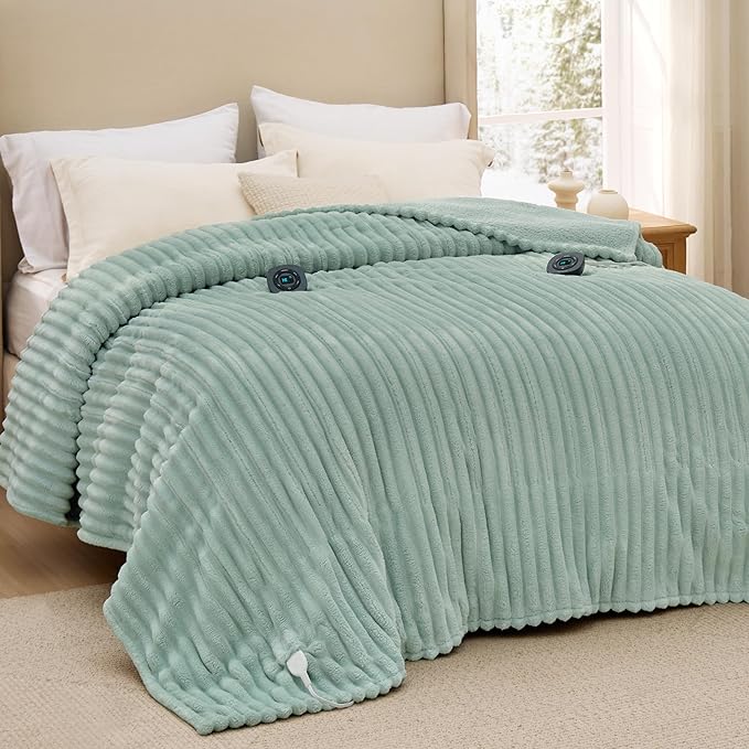 Bedsure Electric Blanket Queen Size - Thick Striped Flannel Electric Blanket with Dual Control, Heating with 10 Heat Settings & 10 Time Settings, 8 hrs Timer Auto Shut Off (84x90 inches, Green)
