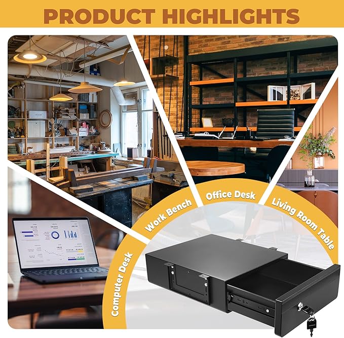 POPMOON 14 In Under Desk Drawer,Under Desk Pull Out Drawer with Lock and Keys,Adjustable Height, Metal Storage Drawer with Slide Extension Mounted Under Flat Wooden Table or Workbench,Black