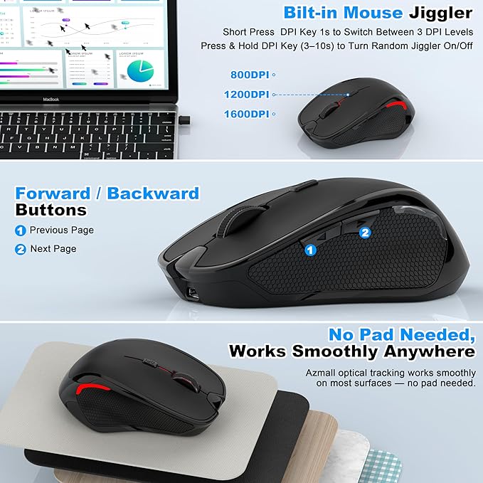 Bluetooth Wireless Computer Mouse, 2.4G Rechargeable Small Ergonomic Optical Mouse Jiggler for Office/Home with Forward/Back Buttons & USB-C/USB-A for Laptop, Desktop, PC, Mac, MacBook - Black