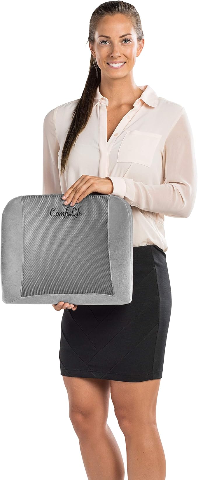 ComfiLife Lumbar Support Back Pillow Office Chair and Car Seat Cushion - Memory Foam with Adjustable Strap and Breathable 3D Mesh (Gray)