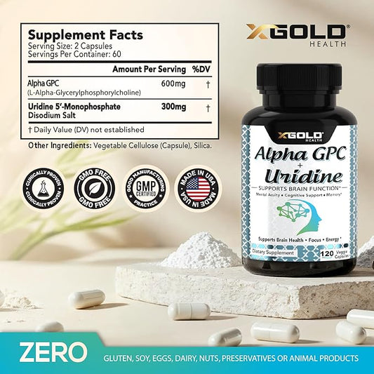 Alpha GPC Choline 600mg + Uridine Monophosphate 300mg-2-in-1 Nootropic Supplement Helps Boost Focus, Energy & Cognitive Performance -Potent Mood Enhancer & Brain Focus Supplements -120 Veggie Capsules
