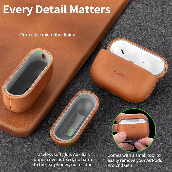 Belemay for AirPods Pro (2nd Generation) Case – Premium Crazy Horse Leather - Rich Patina- Secure Grip - Compatible with MagSafe and Wireless Charging - Compatible with Airpods Pro 2 Case - Tan
