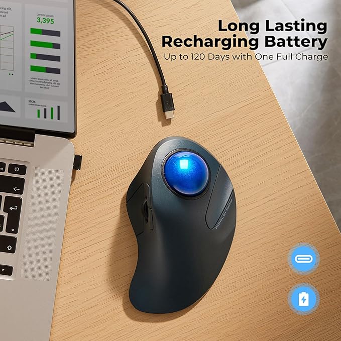 Wireless Trackball Mouse, Comfortable for Large Hands with 44mm Ball, Easy Index Finger Control, Rechargeable, Bluetooth & USB Connection, 5 DPI Adjustable, Compatible for PC, Laptop, Mac, Windows