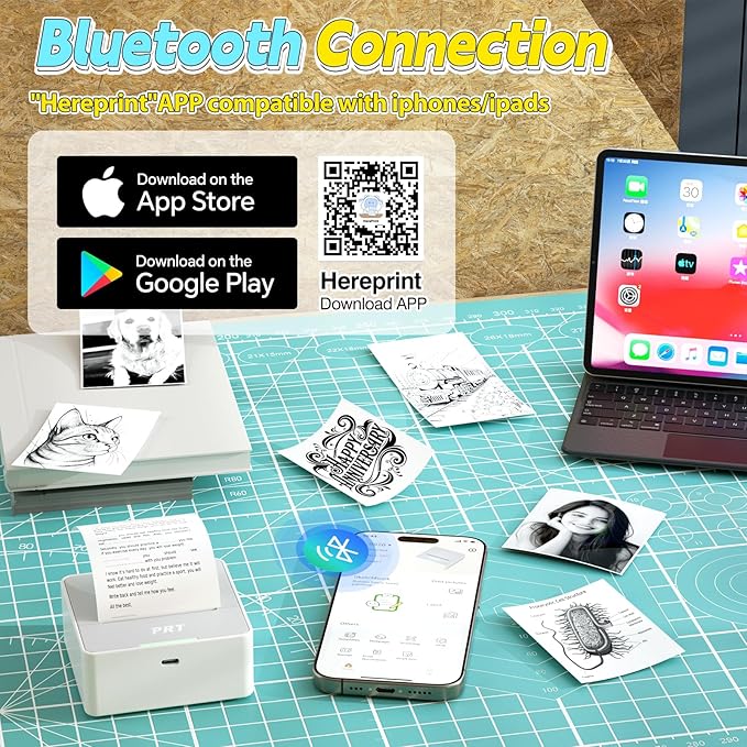 PRT Mini Sticker Printer with 1 Roll Paper, Portable Thermal Sticker Maker Machine for Notes, School Supplies & DIY Labels, Wireless Bluetooth with Free App, Compact for Students, Office & Home Use
