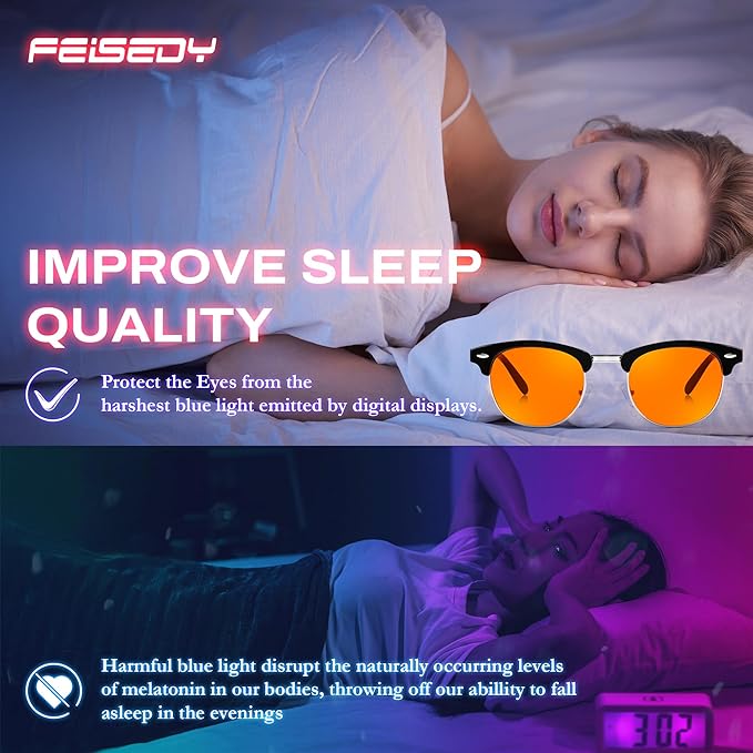 FEISEDY Orange Blue Light Blocking Glasses for Woman Men Amber Lenses Computer Gaming Glasses for Better Sleep