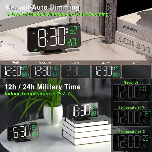 KOSUMOSU Digital Clock for Bedroom, 6.7in Black Alarm Clocks for Bedrooms,Auto Dimming, Date, Day of Week, Indoor Temperature,Digital Alarm Clock,Clocks for Living Room