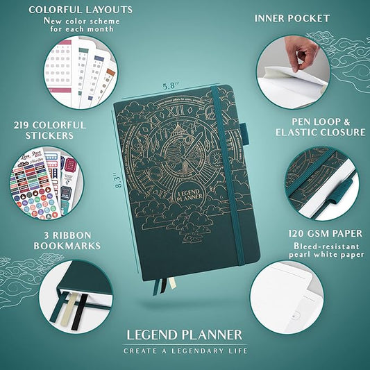 Legend Weekly Colorful Planner 2nd Edition – Undated Life & Work Agenda Journal for Time Management, Goal Setting, Productivity, Tasks & To Do Lists – A5 size, 5.8 ″ x 8.3″, Hardcover – Dark Teal