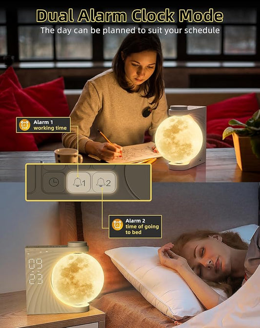 Sunrise Alarm Clock for Bedrooms - Auto-Rotating Moon Lamp with Wake-Up Light & Night Light, 10 Nature Sounds, Dual Alarms for Heavy Sleepers, 30/60/90 Timer & Snooze