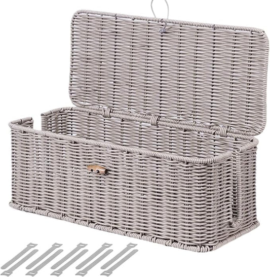 BROWNLILY Cable Management Box, Rattan Style Cord Organizer for Desk Cord Hider Outlet Covers Baby Proofing for Power Strip TV PC Router Charger Under Desk Storage with Lockable Lid and Cable Ties