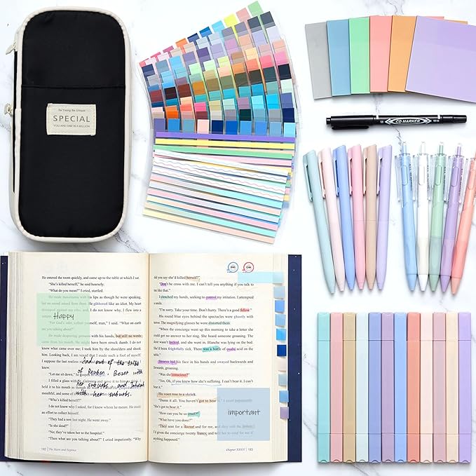 135 Pcs Book Annotation Kit Aesthetic Pencil Case Bag with 12 Highlighter 11 Gel Pen 1 Marker 300 Sheets Transparent Sticky Notes Pads 2640 Index Tabs Bible Study Supplies for School Gift(Black)